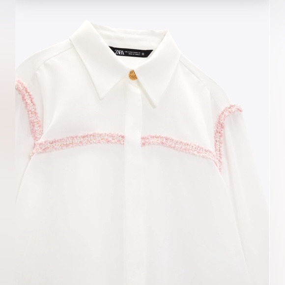 Zara white chiffon blouse with pink tweed textured detail - Picture 3 of 9